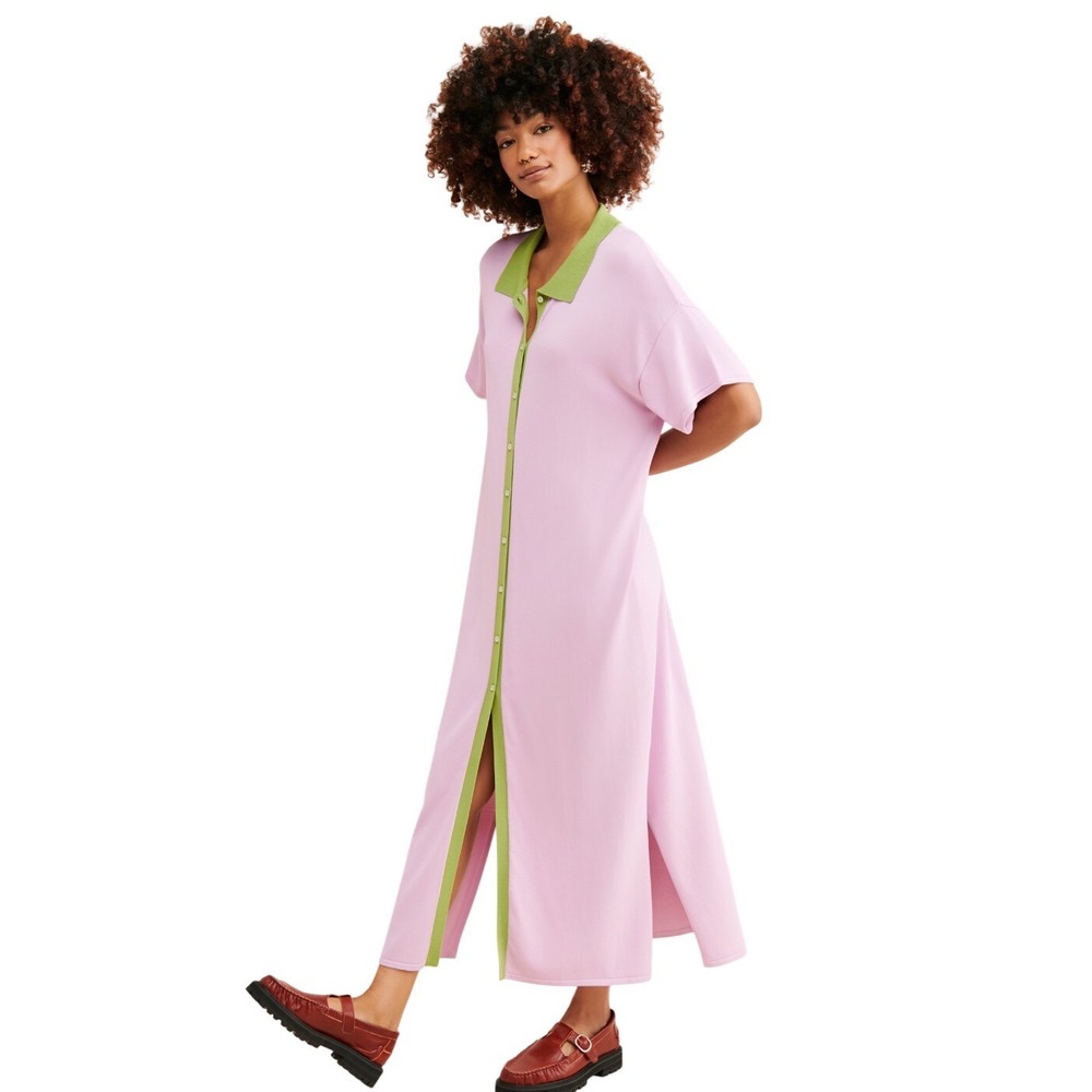 Callahan Meri Shirt Dress Purple Green Colorblock Knit Maxi Button Front S-P